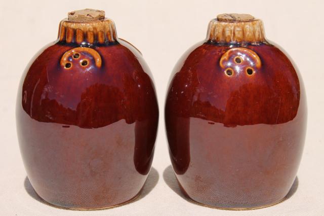 photo of Hull pottery mirror brown drip glaze salt and pepper shakers, vintage S&P set #2