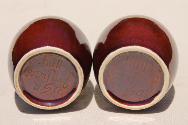 photo of Hull pottery mirror brown drip glaze salt and pepper shakers, vintage S&P set #5