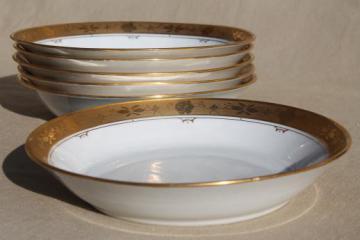 catalog photo of Hutschenreuther encrusted gold wide border band white porcelain soup bowls