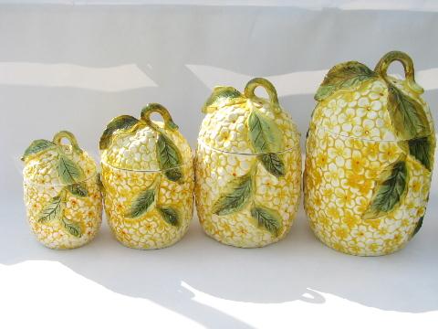 photo of Hydrangea pattern tiny yellow daisies 1960s ceramic kitchen canisters, vintage Japan #1