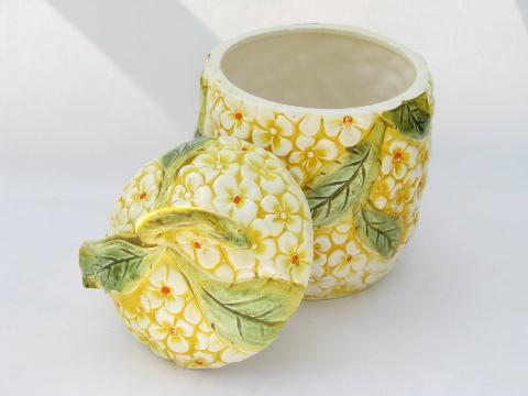 photo of Hydrangea pattern tiny yellow daisies 1960s ceramic kitchen canisters, vintage Japan #3