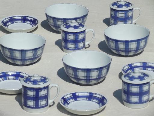 photo of IDG china blue & white plaid bowls, pots de creme set w/ Willams Sonoma labels #1