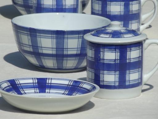 photo of IDG china blue & white plaid bowls, pots de creme set w/ Willams Sonoma labels #2