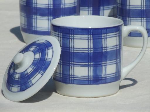 photo of IDG china blue & white plaid bowls, pots de creme set w/ Willams Sonoma labels #3