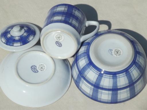 photo of IDG china blue & white plaid bowls, pots de creme set w/ Willams Sonoma labels #5