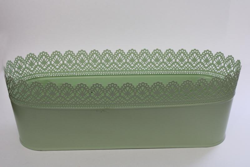 photo of Ikea Skurar pierced metal lace edge planter or storage basket, pale mint green color #1