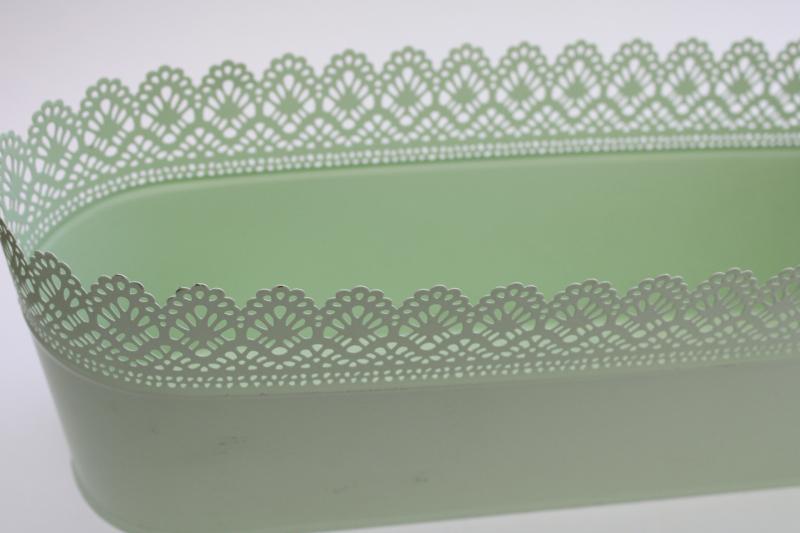 photo of Ikea Skurar pierced metal lace edge planter or storage basket, pale mint green color #4