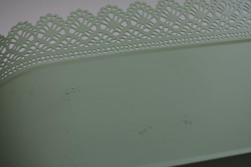 photo of Ikea Skurar pierced metal lace edge planter or storage basket, pale mint green color #6