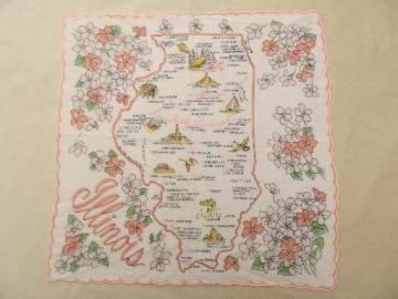 catalog photo of Illinois map print hanky, 50s 60s vintage souvenir handkerchief