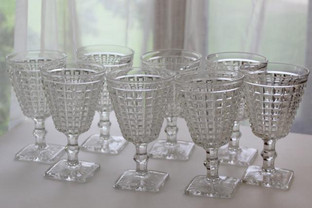 photo of Imperial Monticello water goblets or wine glasses heavy pressed glass waffle block pattern #2