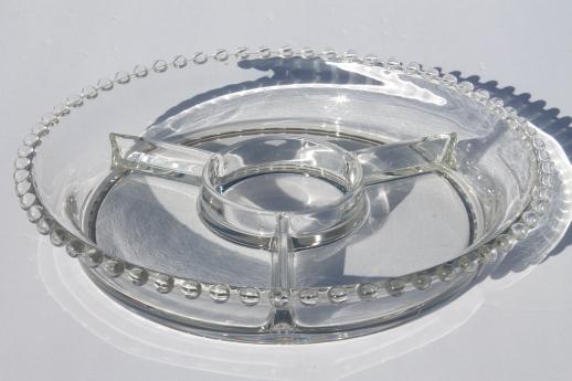 photo of Imperial candlewick beaded edge pattern glass relish dish, divided round tray #1