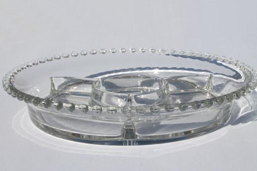 photo of Imperial candlewick beaded edge pattern glass relish dish, divided round tray #2