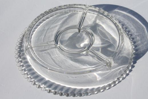 photo of Imperial candlewick beaded edge pattern glass relish dish, divided round tray #4