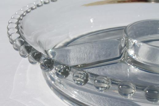 photo of Imperial candlewick beaded edge pattern glass relish dish, divided round tray #5