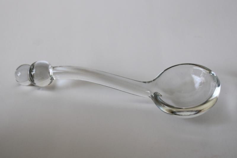 photo of Imperial candlewick pattern glass mayo spoon, tiny sauce ladle crystal clear glass w/ two bead handle  #1