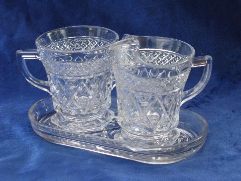 photo of Imperial glass Cape Cod pattern cream pitcher, sugar bowl, tray #1