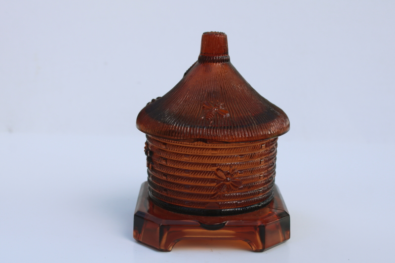 photo of Imperial glass amber brown beehive honey jar, vintage honey pot  #1