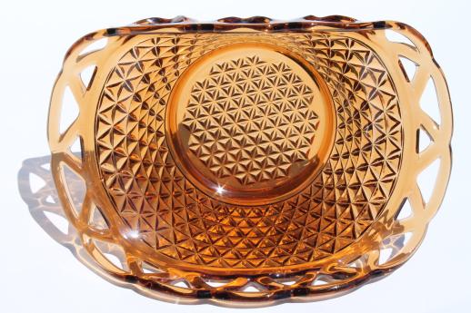 photo of Imperial glass laced edge bowl, open lace pattern amber glass fruit basket #4