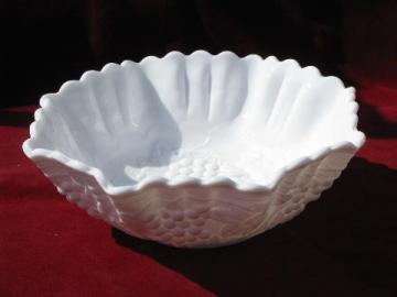 catalog photo of Imperial grapes pattern vintage milk glass bowl w/ crimped ruffle edge