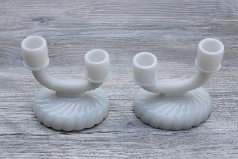 photo of Imperial milk glass candelabra, pair of double light candle holders, deco mod branched candlesticks #4