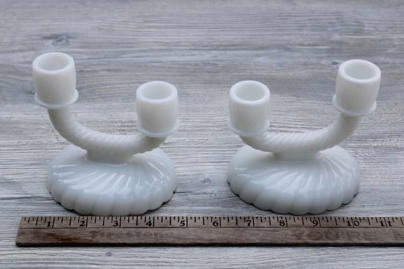 photo of Imperial milk glass candelabra, pair of double light candle holders, deco mod branched candlesticks #5
