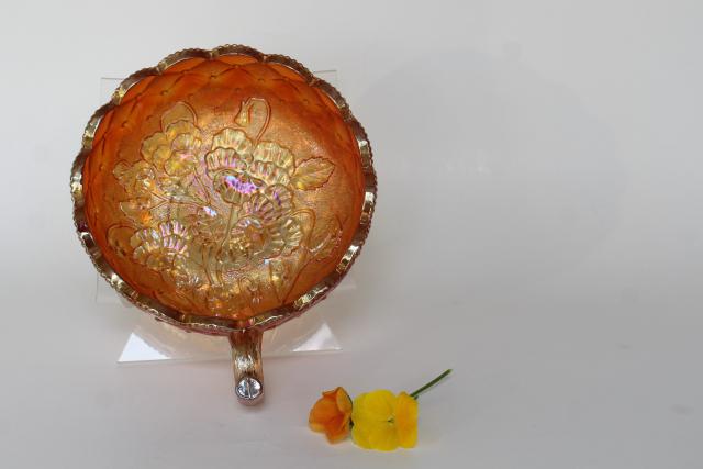 photo of Imperial pansy pattern candy dish bowl w/ handle, vintage carnival glass marigold luster #1