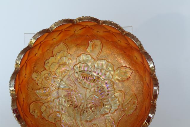 photo of Imperial pansy pattern candy dish bowl w/ handle, vintage carnival glass marigold luster #2