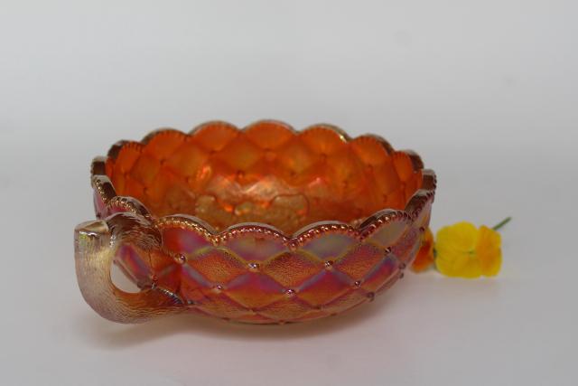 photo of Imperial pansy pattern candy dish bowl w/ handle, vintage carnival glass marigold luster #3