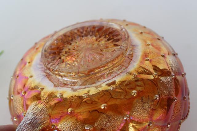 photo of Imperial pansy pattern candy dish bowl w/ handle, vintage carnival glass marigold luster #4