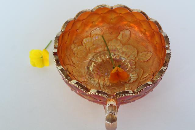 photo of Imperial pansy pattern candy dish bowl w/ handle, vintage carnival glass marigold luster #5