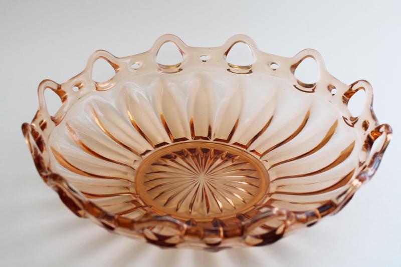 photo of Imperial pink depression glass laced edge open lace border vintage centerpiece bowl #1