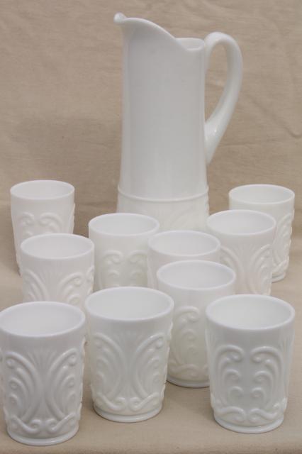 photo of Imperial scroll vintage milk glass, tall pitcher & set of 10 tumblers, drinking glasses set #1