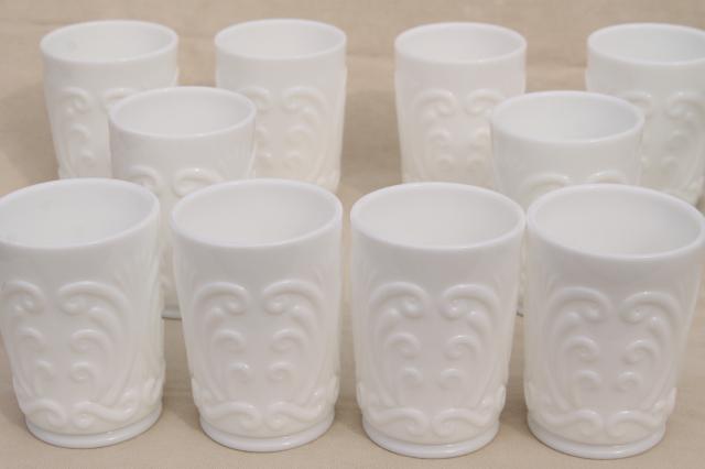 photo of Imperial scroll vintage milk glass, tall pitcher & set of 10 tumblers, drinking glasses set #9