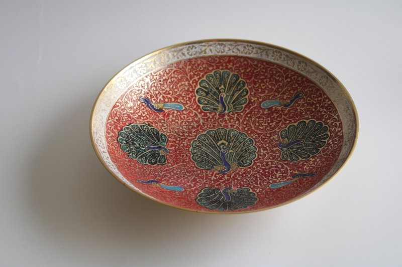 photo of India solid brass bowl w/ hand painted enamel peacocks design, vintage boho decor #1