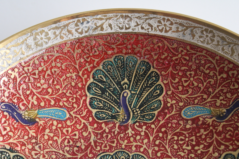 photo of India solid brass bowl w/ hand painted enamel peacocks design, vintage boho decor #3