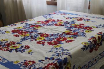 catalog photo of Indian Head cotton print tablecloth bright fruit blue, red, yellow, mid-century vintage