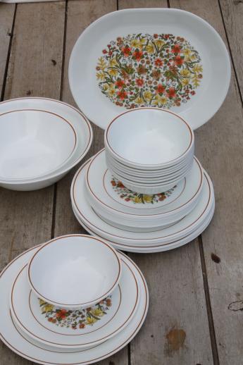 photo of Indian Summer Corelle glass dishes set for 10, retro orange flowers print #1