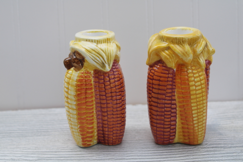 photo of Indian corn candle holders fall harvest decor, vintage hand painted ceramic candlesticks made in Taiwan #1