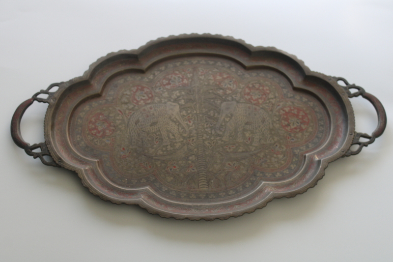 photo of Indian elephants vintage etched brass oval tray, retro boho bar cart table tray  #1