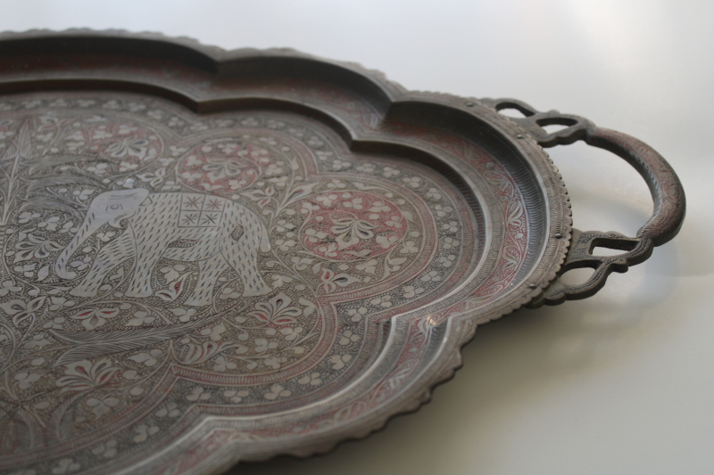 photo of Indian elephants vintage etched brass oval tray, retro boho bar cart table tray  #4