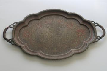 catalog photo of Indian elephants vintage etched brass oval tray, retro boho bar cart table tray 