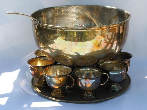 Indian solid brass punch set, cups, pedestal bowl, ladle and tray