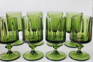 catalog photo of Indiana Colony Nouveau mod vintage chunky goblets, olive green water or wine glasses