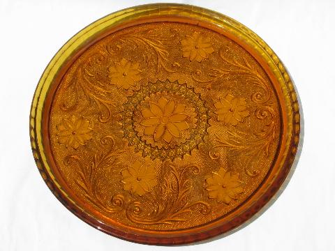 photo of Indiana - Tiara, vintage sandwich daisy amber glass round serving tray #1