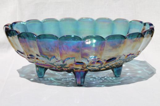 photo of Indiana carnival glass bowl, 70s vintage blue iridescent glass harvest grapes fruit bowl #1