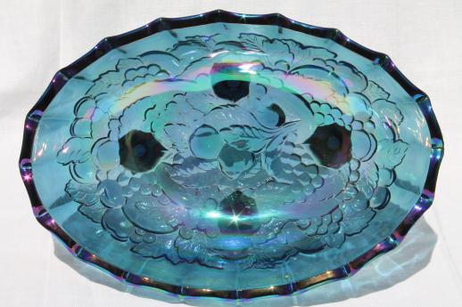 photo of Indiana carnival glass bowl, 70s vintage blue iridescent glass harvest grapes fruit bowl #3