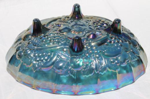 photo of Indiana carnival glass bowl, 70s vintage blue iridescent glass harvest grapes fruit bowl #5