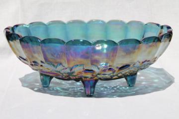 catalog photo of Indiana carnival glass bowl, 70s vintage blue iridescent glass harvest grapes fruit bowl