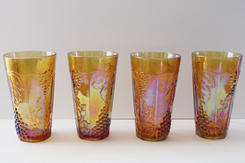 photo of Indiana carnival glass tumblers, amber gold iridescent grapes pattern drinking glasses #1
