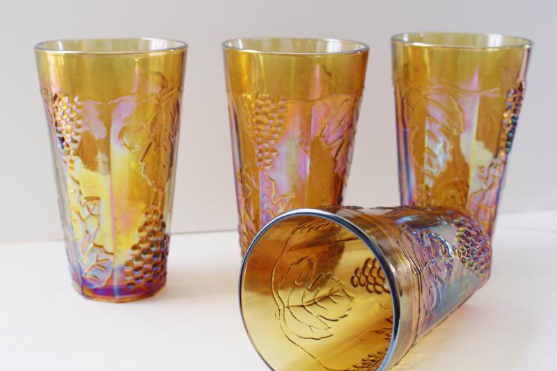 photo of Indiana carnival glass tumblers, amber gold iridescent grapes pattern drinking glasses #2